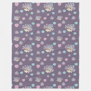 hedgehog and flowers pattern fleece blanket