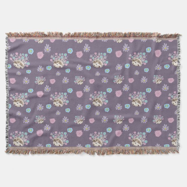 hedgehog and flowers pattern throw blanket (Front)