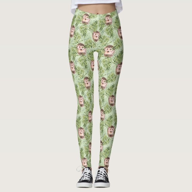 Hedgehog and green leaves leggings (Front)