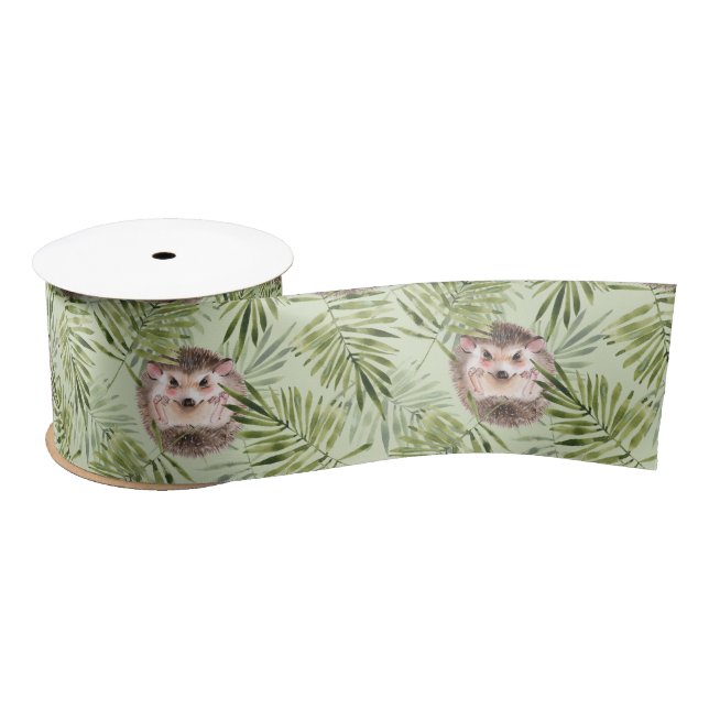 Hedgehog and green leaves satin ribbon (Spool)