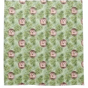 Hedgehog and green leaves shower curtain