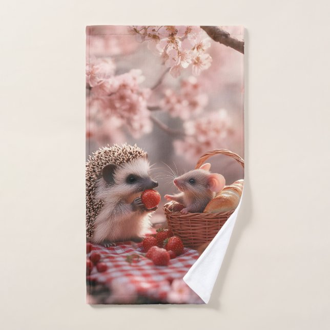 Hedgehog and Mouse Sharing Strawberries - Picnic Hand Towel (Hand Towel)