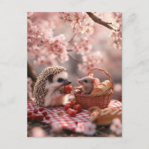 Hedgehog and Mouse Sharing Strawberries - Picnic Holiday Postcard