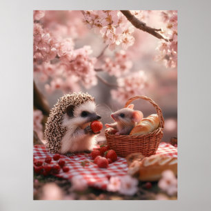 Hedgehog and Mouse Sharing Strawberries - Picnic Poster