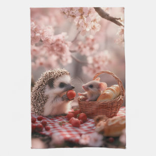 Hedgehog and Mouse Sharing Strawberries - Picnic Tea Towel