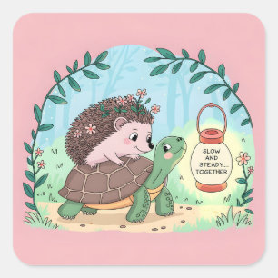 Hedgehog and Tortoise "Slow and Steady Together" Square Sticker