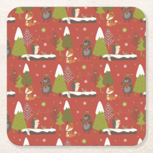 Hedgehog and Winter Bear Christmas Square Paper Coaster