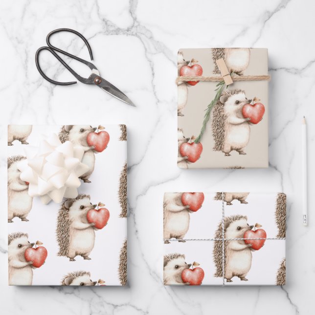 Hedgehog Apple Heart Birthday Wrapping Paper Sheet (Front)