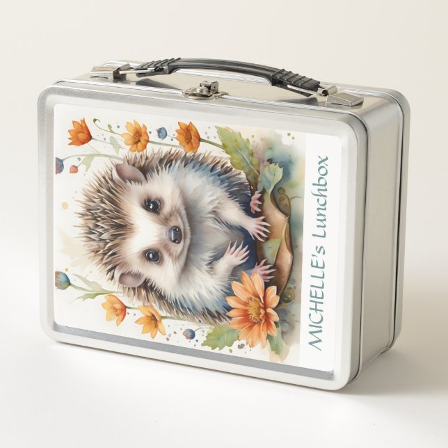Hedgehog baby woodland animal watercolor activity  metal lunch box (Front)