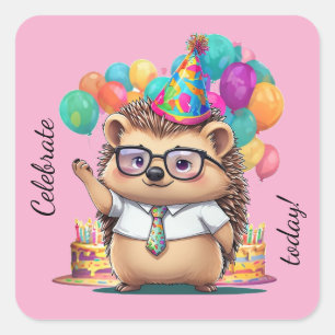 Hedgehog Birthday Party Celebrate Today Art Square Sticker