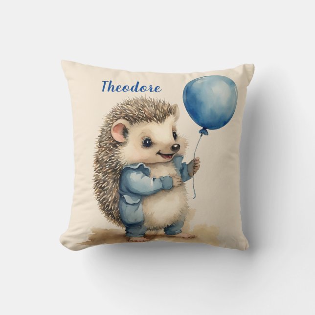 Hedgehog Blue Balloon Boys Personalised Cushion (Front)