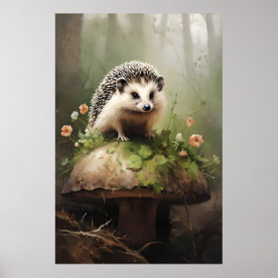 Hedgehog Botanical Print, Forestcore Animal Poster