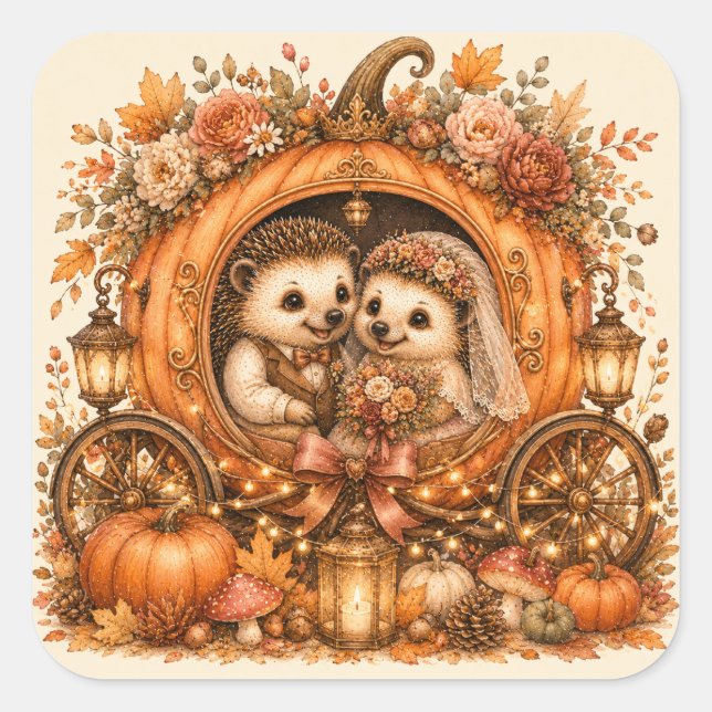Hedgehog Bride And Groom Pumpkin Carriage Square Sticker (Front)