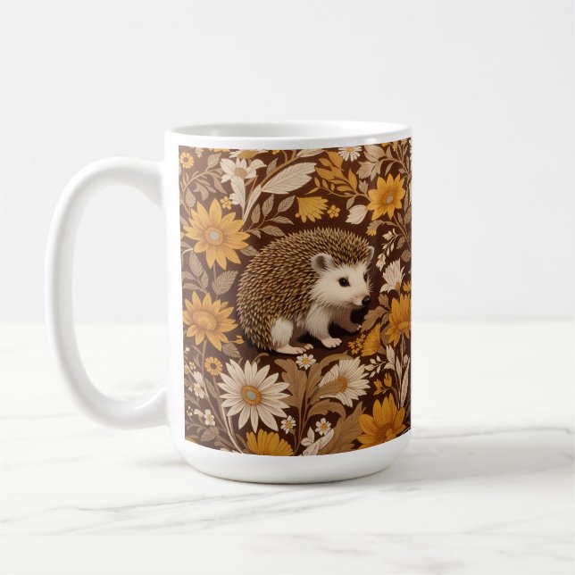 Hedgehog Brown Floral William Morris Inspired Coffee Mug (Left)