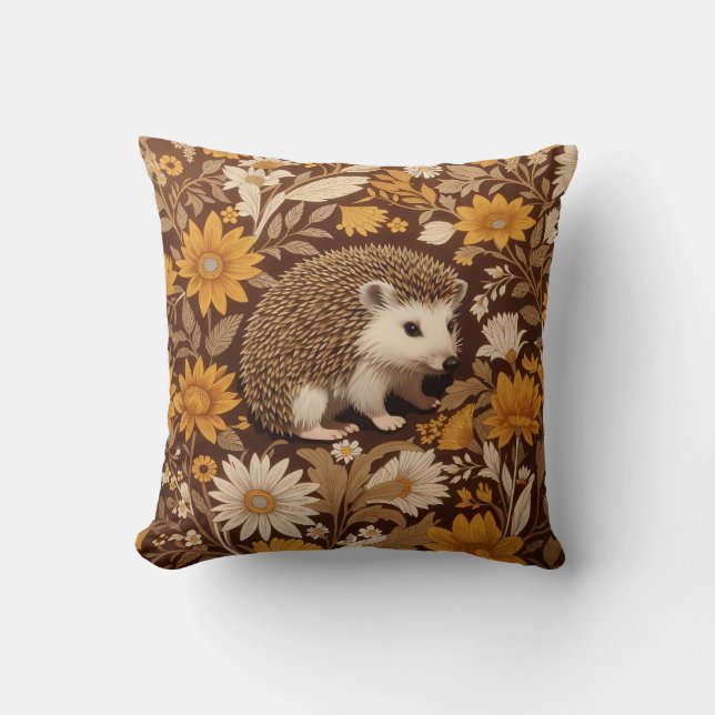 Hedgehog Brown Floral William Morris Inspired Cushion (Front)