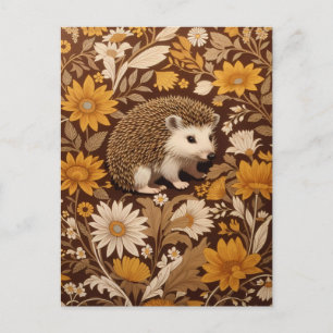 Hedgehog Brown Floral William Morris Inspired Postcard