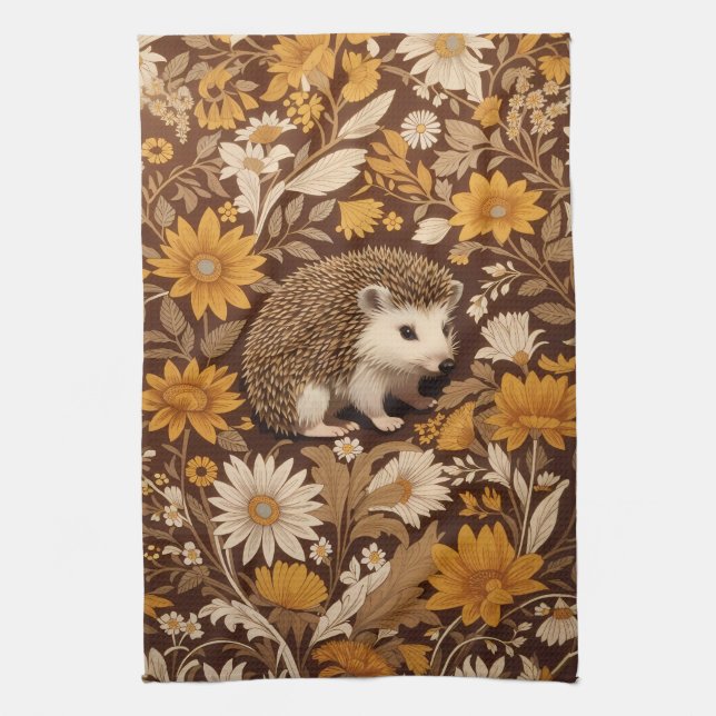 Hedgehog Brown Floral William Morris Inspired Tea Towel (Vertical)
