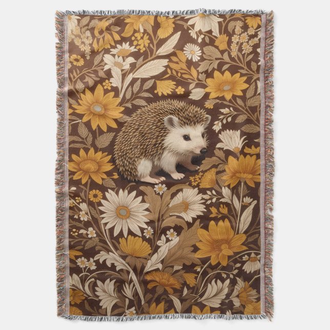 Hedgehog Brown Floral William Morris Inspired Throw Blanket (Front Vertical)