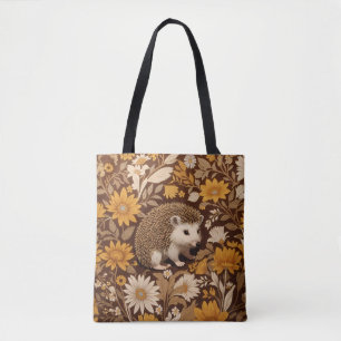Hedgehog Brown Floral William Morris Inspired Tote Bag