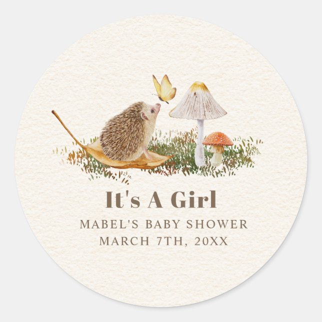 Hedgehog Butterfly Mushroom Woodland Baby Shower Classic Round Sticker (Front)
