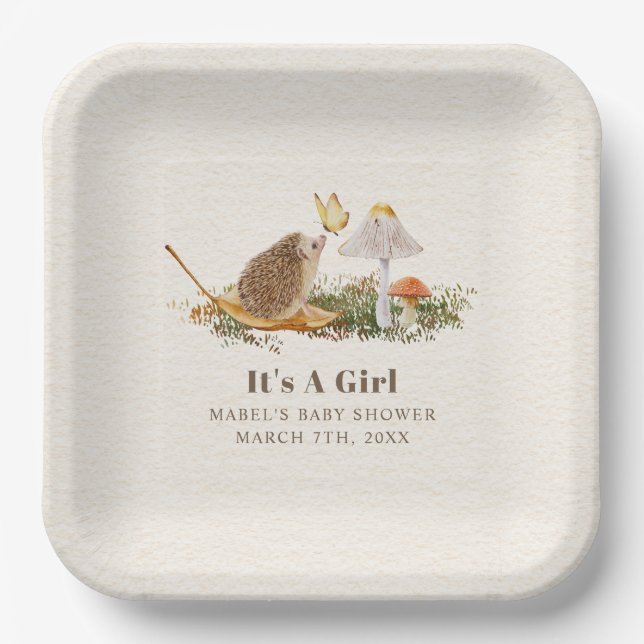 Hedgehog Butterfly Mushroom Woodland Baby Shower Paper Plate (Front)