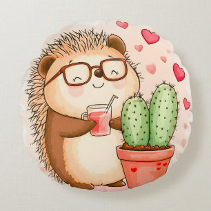 Hedgehog Cactus Cheers Watercolor Round Cushion