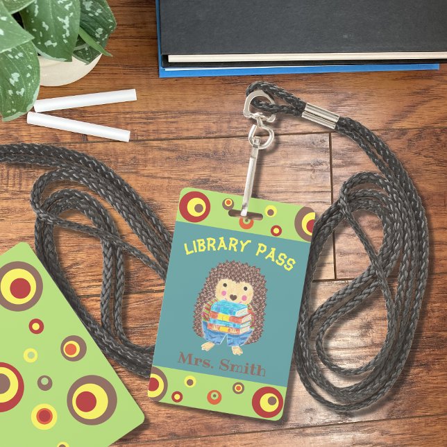 Hedgehog carrying books library hall pass ID badge (Creator Uploaded)