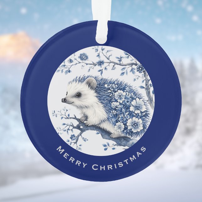 Hedgehog Chinoiserie Blue Toile Floral Christmas Ornament (Creator Uploaded)