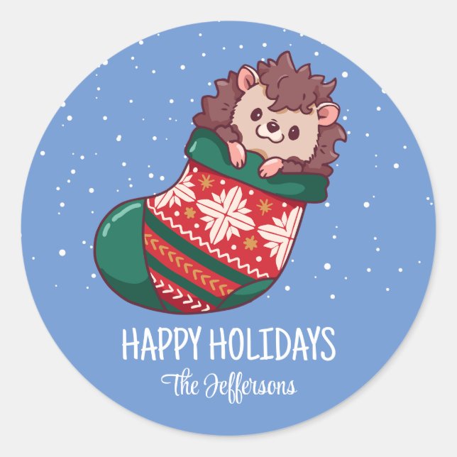 Hedgehog Christmas Animal Snowy Winter Holiday Classic Round Sticker (Front)