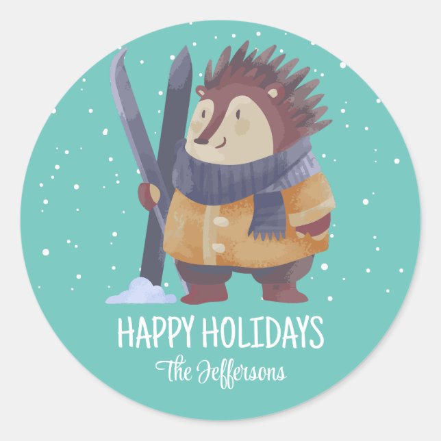 Hedgehog Christmas Animal Snowy Winter Holiday Classic Round Sticker (Front)