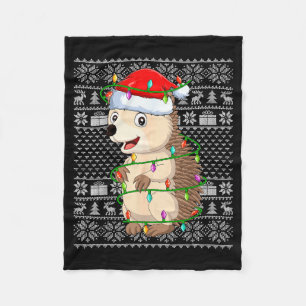 Hedgehog Christmas Lights Ugly Sweater Funny Santa Fleece Blanket