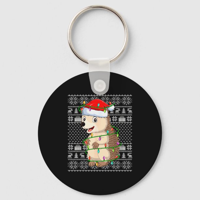 Hedgehog Christmas Lights Ugly Sweater Funny Santa Key Ring (Front)