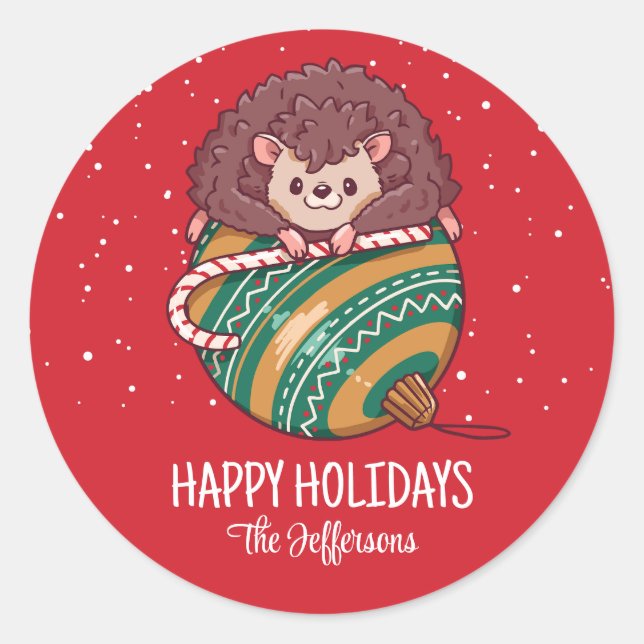 Hedgehog Christmas Ornament Snowy Winter Holiday Classic Round Sticker (Front)