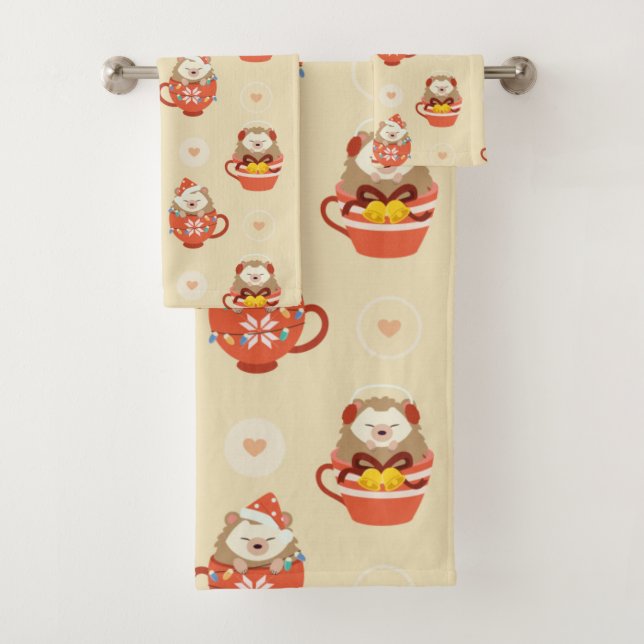 Hedgehog Christmas Pattern Bath Towel Set (Insitu)