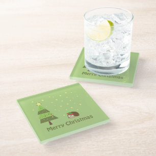 Hedgehog Christmas Scene Glass Coaster