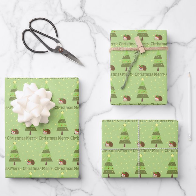 Hedgehog Christmas Scene Wrapping Paper Sheet (Front)