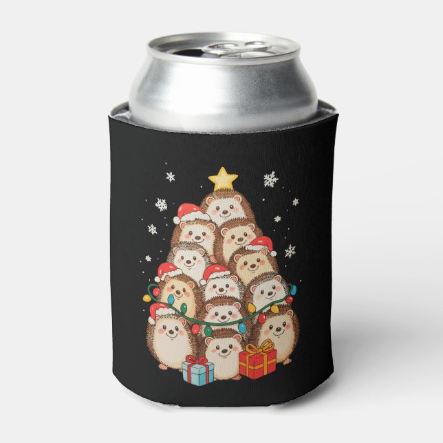 Hedgehog Christmas Tree Lights Pyjamas Xmas Can Cooler (Can Front)