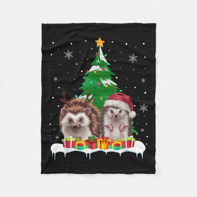 Hedgehog Christmas Tree Lights Santa Reindeer Xmas Fleece Blanket (Front)