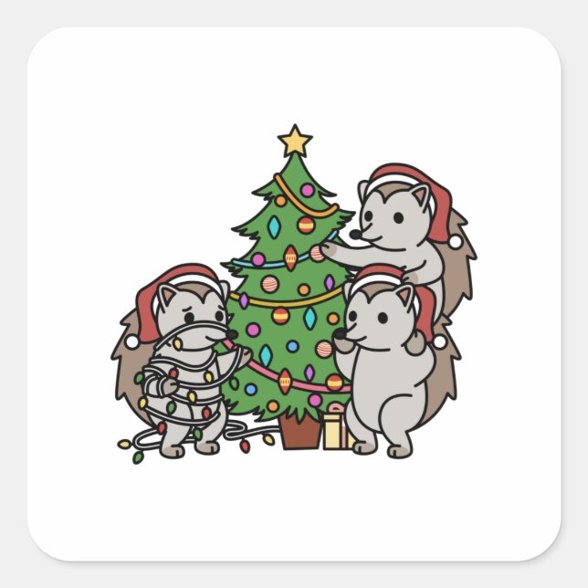 Hedgehog Christmas Tree Square Sticker (Front)