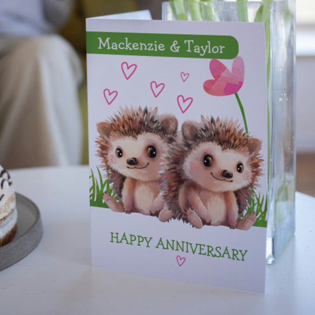 Hedgehog couple personalised Anniversary Card (Hedgehog couple personalized Anniversary Card by Ricaso. Add names Cute wedding anniversary cards)