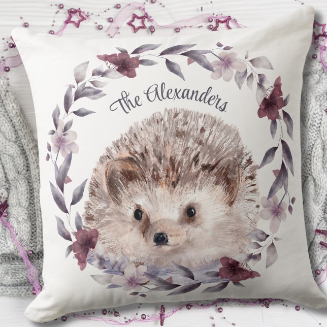 Hedgehog Cute Woodland Watercolor Monogrammed Name Cushion (Hedgehog Cute Watercolor Illustration Monogram Name Throw Pillow)