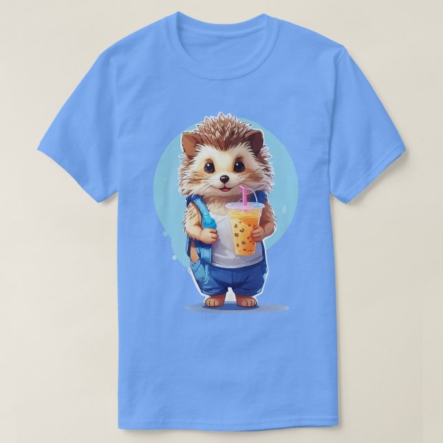 Hedgehog drinking Boba Bubble Tea Milk Tea T-Shirt (Design Front)