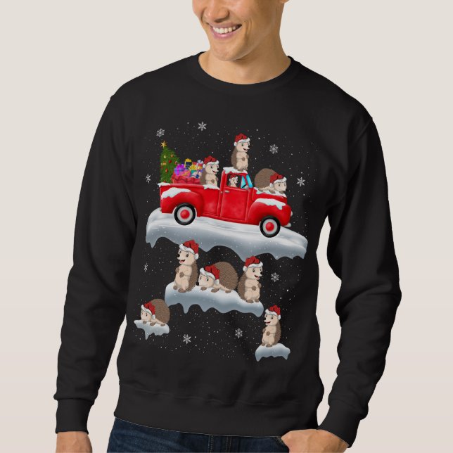Hedgehog Driving Christmas Tree Red Truck Hedgehog Sweatshirt (Front)