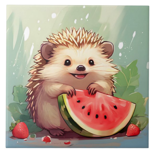  Hedgehog enjoying a piece of watermelon Tile (Front)