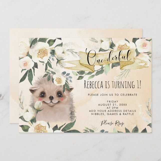 hedgehog floral onederful 1st birthday invitation (Front/Back)