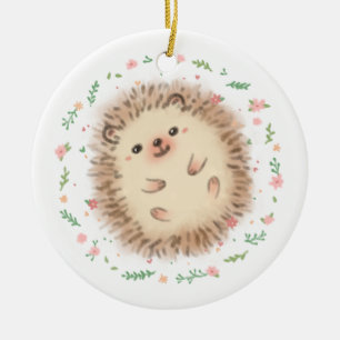 Hedgehog & Flowers Illustration Ceramic Tree Decoration