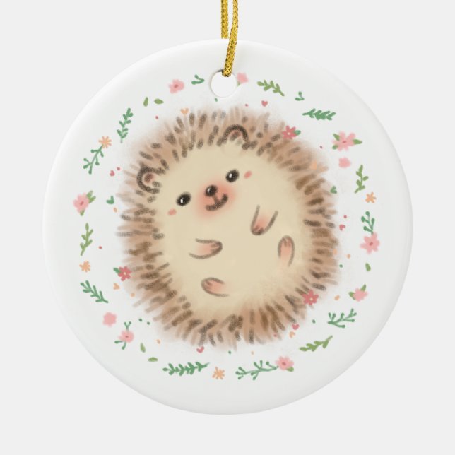 Hedgehog & Flowers Illustration Ceramic Tree Decoration (Front)