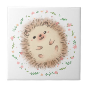 Hedgehog & Flowers Illustration Tile