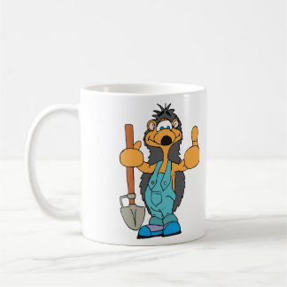 hedgehog gardener with spade in hand. coffee mug