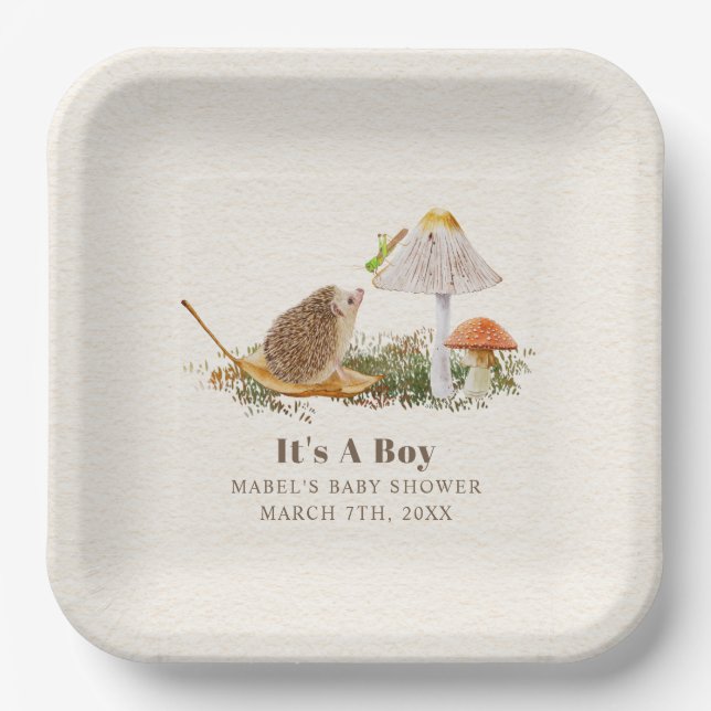 Hedgehog Grasshopper Mushroom Woodland Baby Shower Paper Plate (Front)